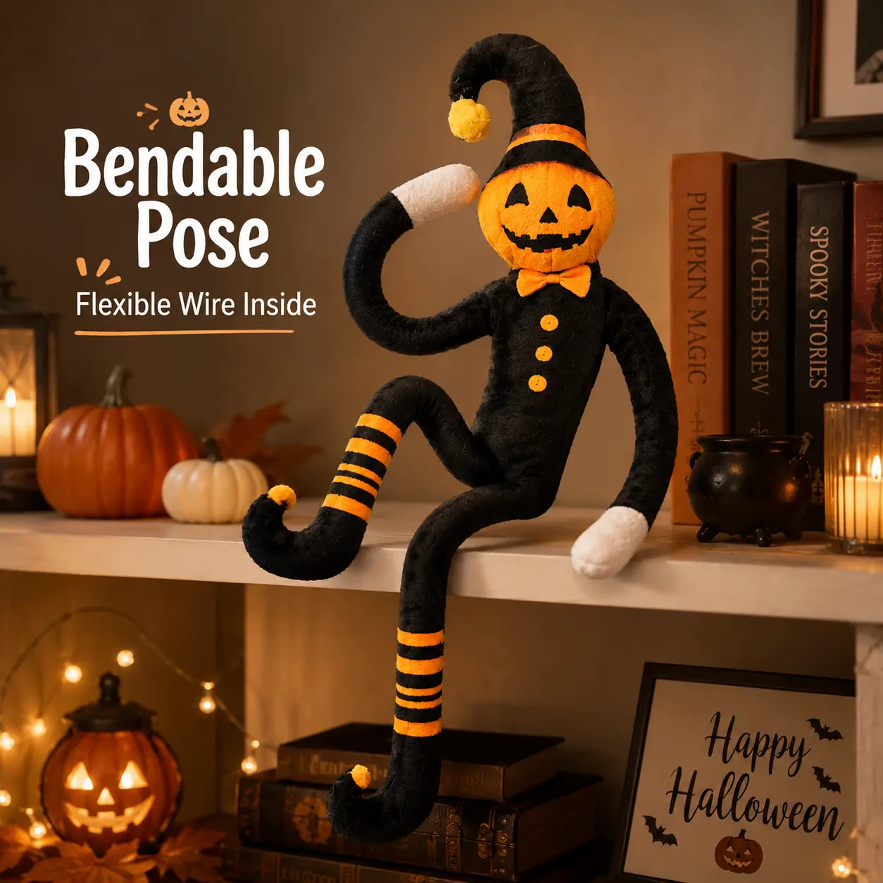 Halloween Plush Toy - Bendable Wire Poseable Pumpkin Jack O Lantern Plush Doll, Soft Fabric Spooky Decor for Shelf, Desk & Party, Funny Halloween Gag Gift for Kids, Friends & Adults