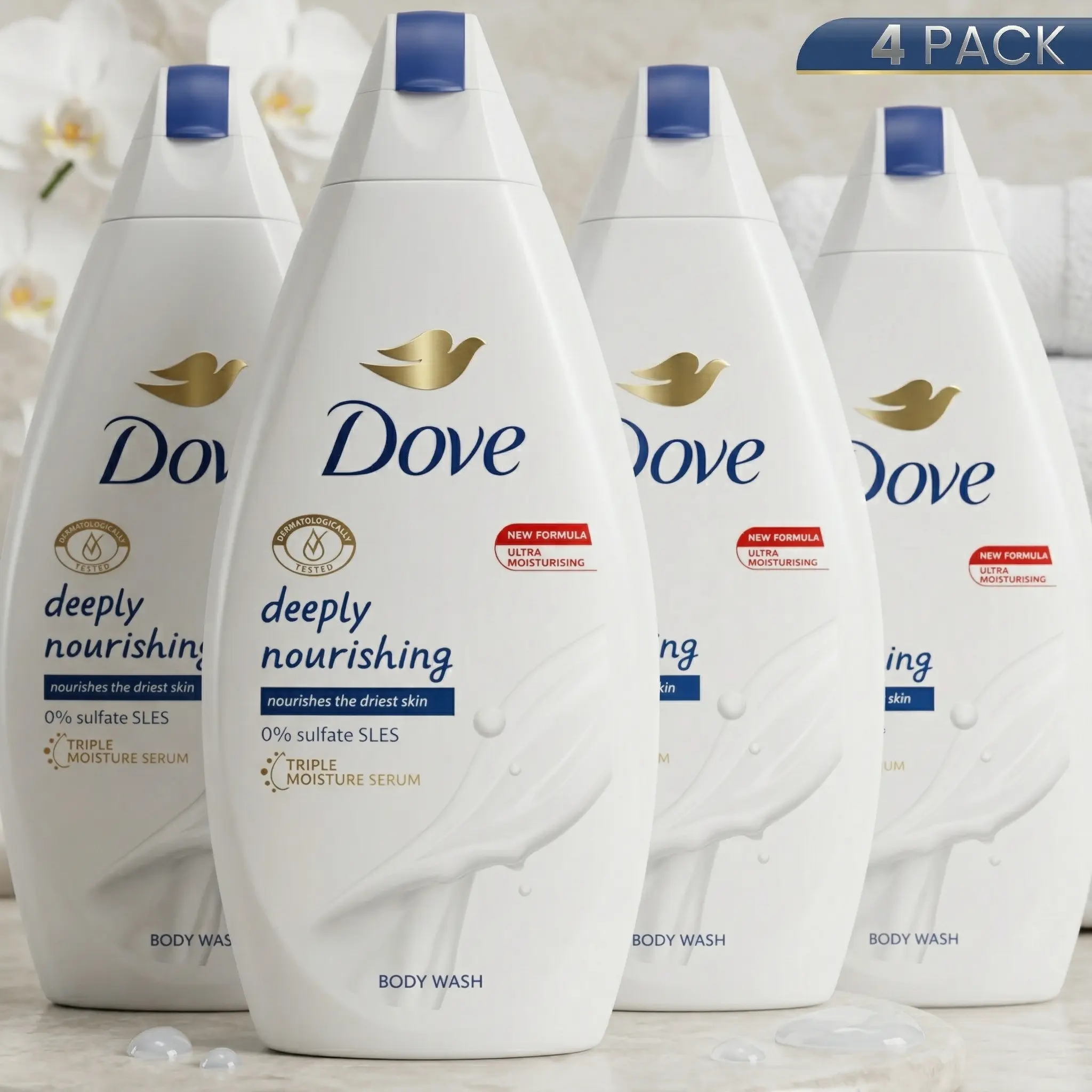 Dove Deeply Nourishing Body Wash with 1/4 Moisturizing Cream, Hydrating Shower Gel and Daily Cleanser for Softer Skin, 4 Pack, 15.2 oz / 450ml, Moisturizer