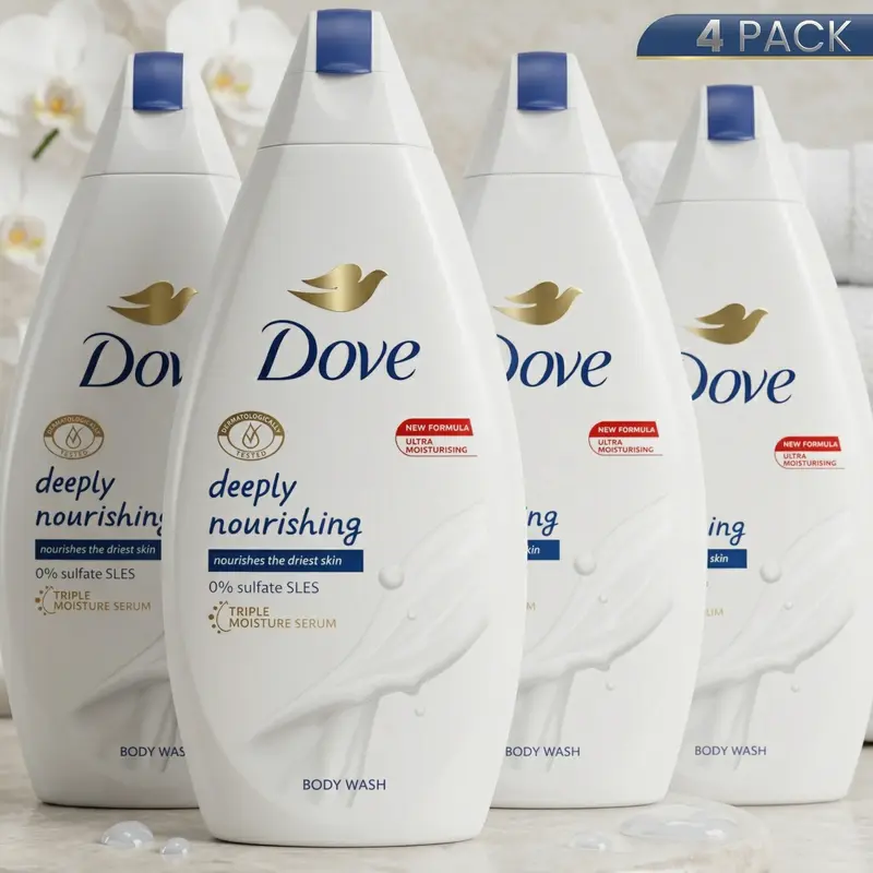 Dove Deeply Nourishing Body Wash with 1/4 Moisturizing Cream - Body Care Cleanser with Hydration Boost, Foaming Lather, Moisture Lock, 4-Pack (15.2 oz/450ml) Daily Bath & Shower Premium Soap
