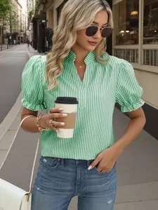 Summer Trendy Striped Ruffle Bubble Sleeve Blouse, Unique V Neck Short Sleeve Fitted Shirt, Elegant Commute Date Top, Fashionable Women's Clothing