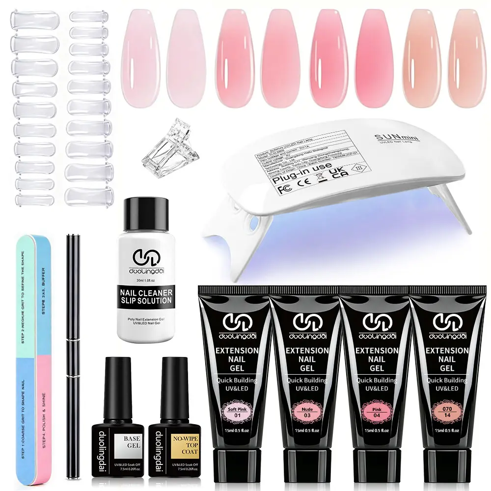 duolingdai 4 pcs Nude Poly Nail Extension Gel Kit-02, Builder Poly Gel with Mini LED Nail Lamp & Complete Manicure Tools, Soft Pink Nude Pink Transparent Shades DIY Nail Art Starter Set