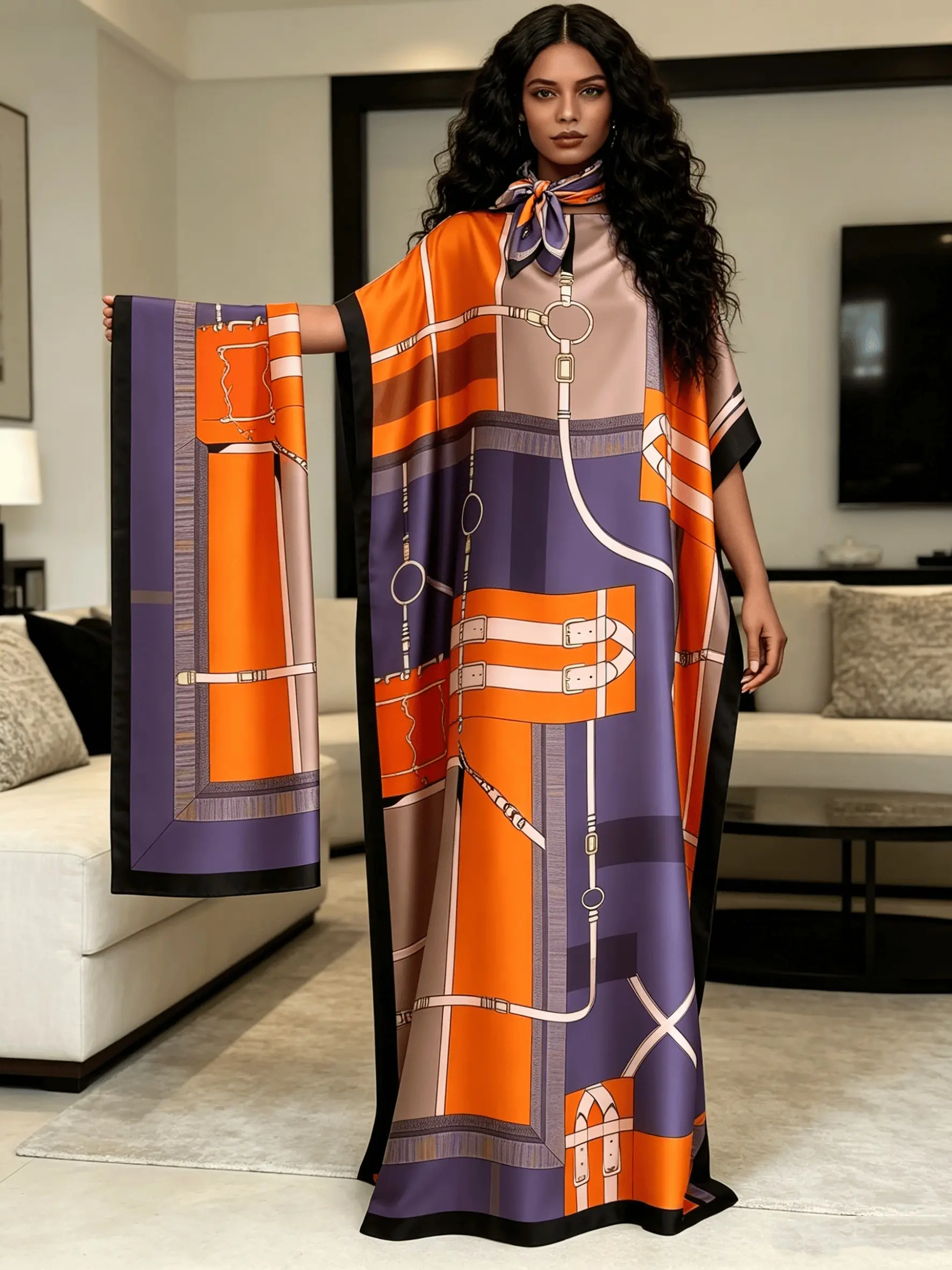 2026 New Women's 2 Piece Orange & Purple Equestrian Print Kaftan Maxi Dress with Matching Scarf, Silky Loose Pleated Robe, Plus Size Friendly, Beach Cover Up, Resort Vacation & Evening Party Wear, Leaf, Style