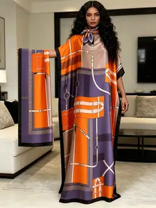 2026 New Women's 2 Piece Orange & Purple Equestrian Print Kaftan Maxi Dress with Matching Scarf, Silky Loose Pleated Robe, Plus Size Friendly, Beach Cover Up, Resort Vacation & Evening Party Wear, Leaf
