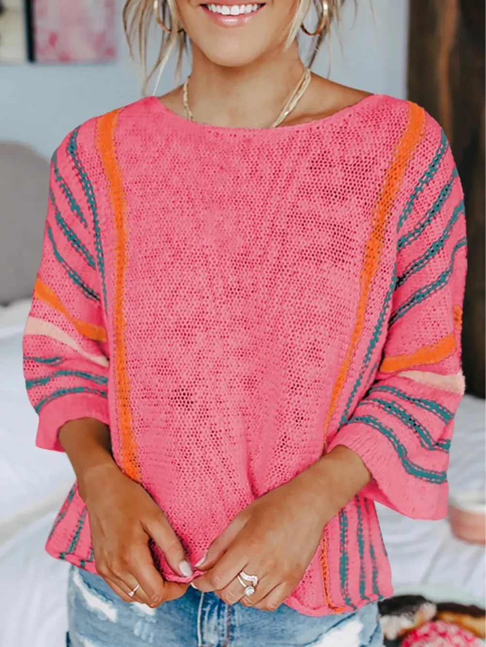 Women's Summer Crochet Knit Sweater Casual Crewneck Long Sleeve Hollow Out Pullover Tops Boho Striped Loose Lightweight Jumpers Man's