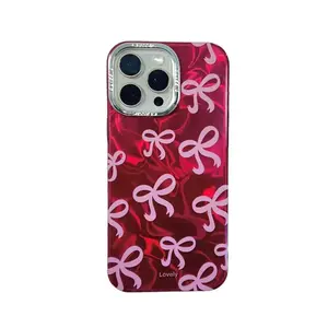 Pink Bow Pattern With Luxury Satin Marble-Textured Anti-Drop Phone Case，Phone Accessories Compatible with iPhone 16 15 14 13 12 11 Plus Pro Max