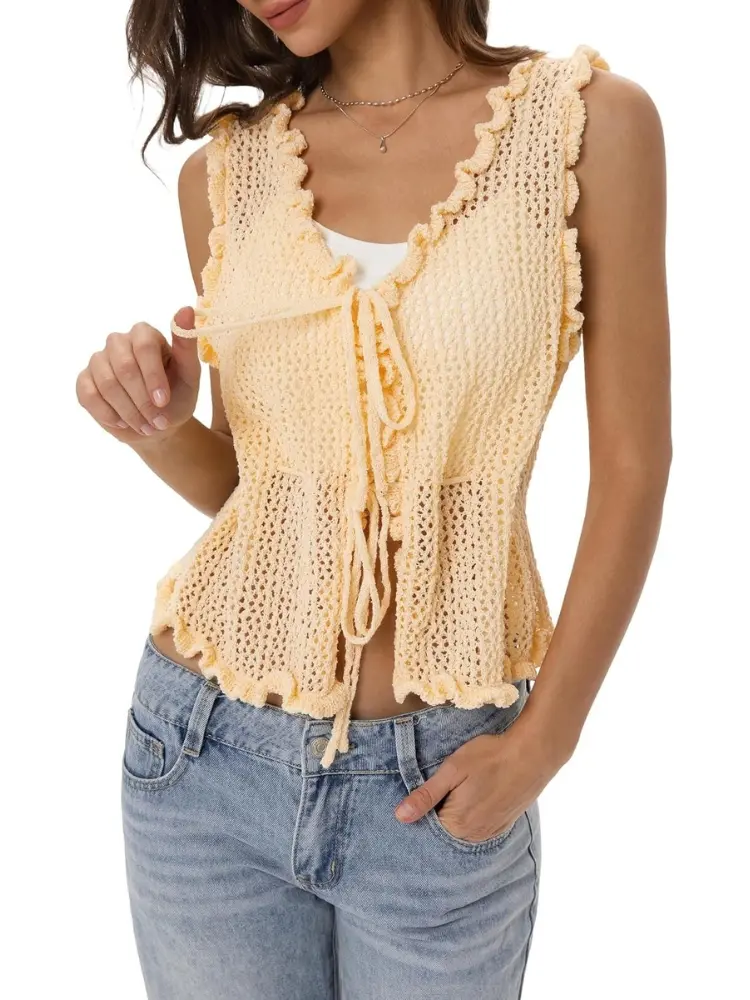 Women's Boho Crochet Knit Vest Tie Front Sleeveless Hollow Out V Neck Ruffle Trim Cardigan Fairycore Y2K Crop Top Summer Beach Cover Up Casual Lightweight Breathable Spring Layering Vintage Aesthetic Trendy Waistcoat Holiday Vacation Outfit Bright Yellow
