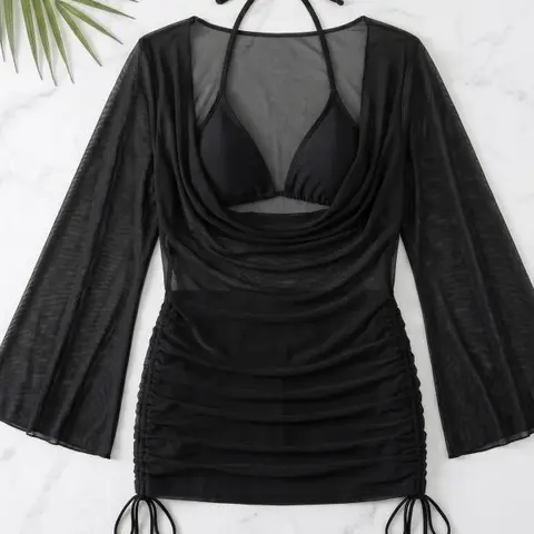 Women's Plus-Size (XL) 3-Piece Elastane Stretch Swimwear Set - Halter Neck Bathing Suit, Over-the-Shoulder Flare Bell Sleeve Beach Cover Ups, Machine Washable for Curves, Seaside Vacation Wear (Plus Size Clothes, Swimwear Coverups, Swimsuit for Women)