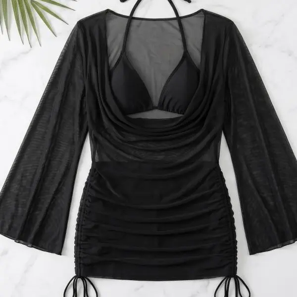 Women's Plus-Size (XL) 3-Piece Elastane Stretch Swimwear Set - Halter Neck Bathing Suit, Over-the-Shoulder Flare Bell Sleeve Beach Cover Ups, Machine Washable for Curves, Seaside Vacation Wear (Plus Size Clothes, Swimwear Coverups, Swimsuit for Women)