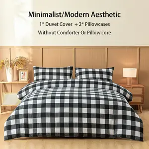 3pcs Minimalist Black & White Checkered Duvet Cover,Red-White Check 3Pcs Set,  Sleek Contemporary Style Modern Minimalist Bedding Set,1 Duvet Cover and 2 Pillowcases, Soft & Breathable,Zipper Closure, All Seasons, No Padding Included