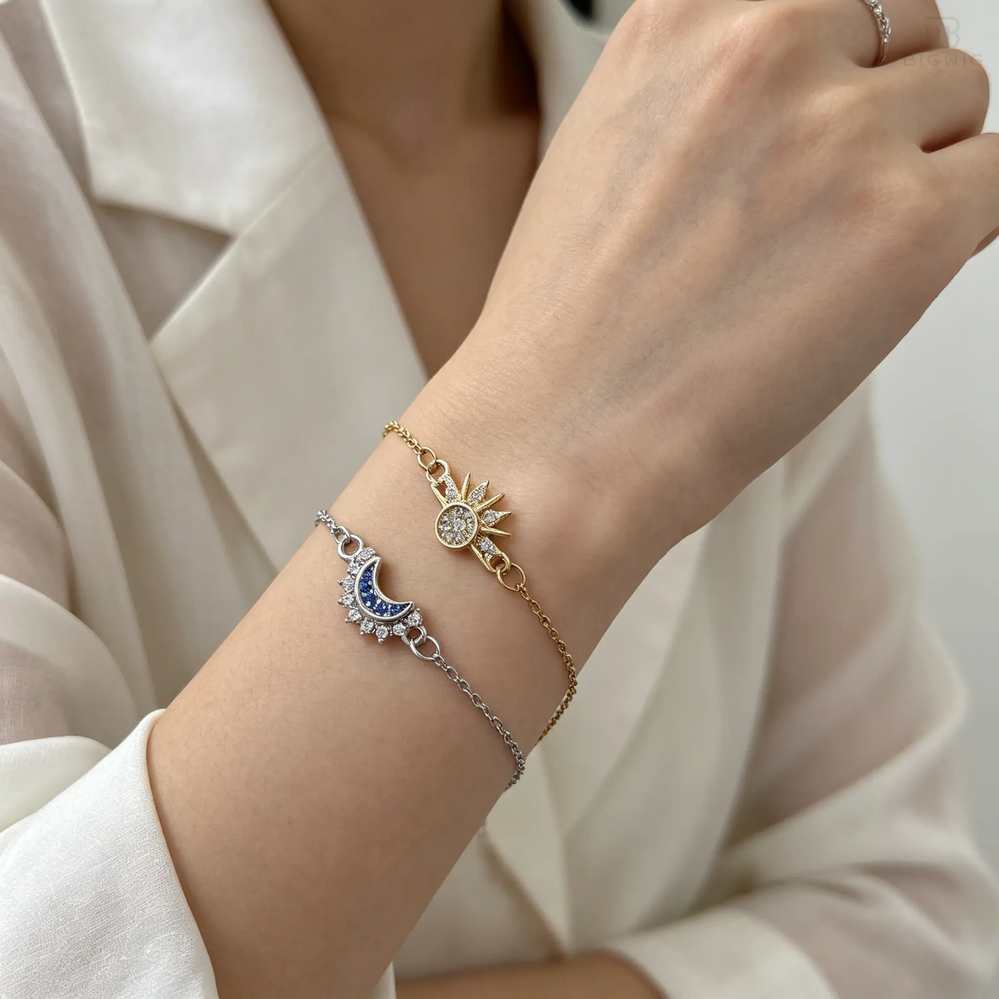 Dainty Sun & Moon Matching Stacking Bracelets Set - Beautiful Bracelets with Crystal Accents, Adjustable Gold-Silver Arm Candy Accessories, Meaningful Best Friend Gift for Her, Costume Jewelry by DealsForYouDays