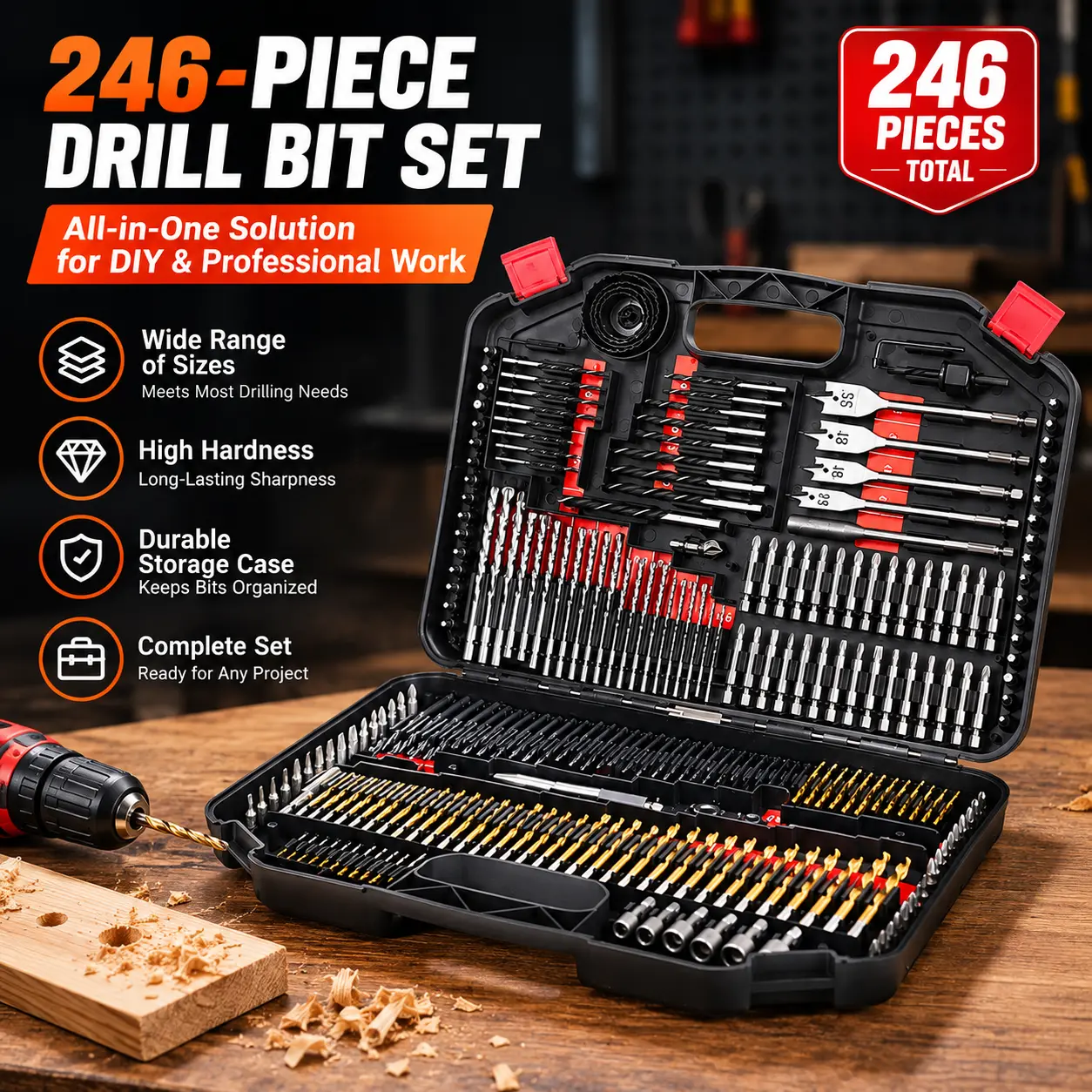 Drill Bit Set, 246 Pcs for Cordless Drill, Drill Driver Bit Set for Wood, Metal, Masonry, Cement and Screwdriver Bits Set Combo Kit