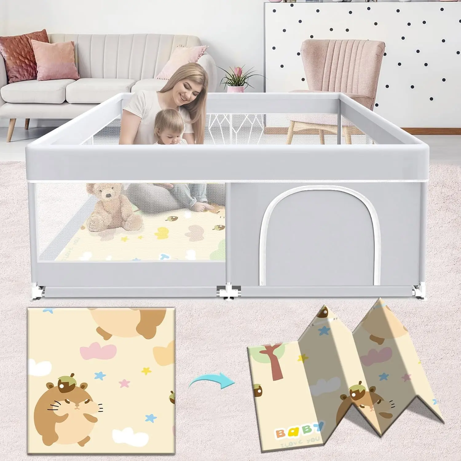 Baby Playpen with Mat, Baby Playard  Toddlers, Sturdy Safety Play Yard with Soft Breathable Mesh, Anti-Fall, 50 * 50 * 27 inches Grey