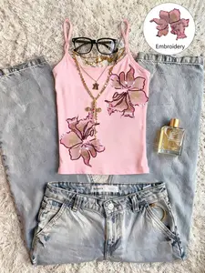 Women's Summer Casual Vacation Style Sequin Floral Embroidery Sleeveless Camisole, Slim-Fitting Letter Pattern Top, Perfect for Daily Wear