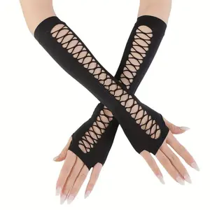 [Long Sleeves Steampunk Fingerless Gloves] Ripped Out Fingerless Gloves For Women Gothic Black Decorative Long Sleeves Steampunk Accessories