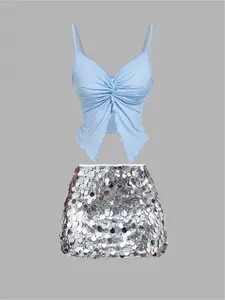Women's Front Knot Design Strapless Sleeveless Bodycon Top Sequin Skirt Set, Casual Fitted for Party, Fall & Winter Fashion Womenswear