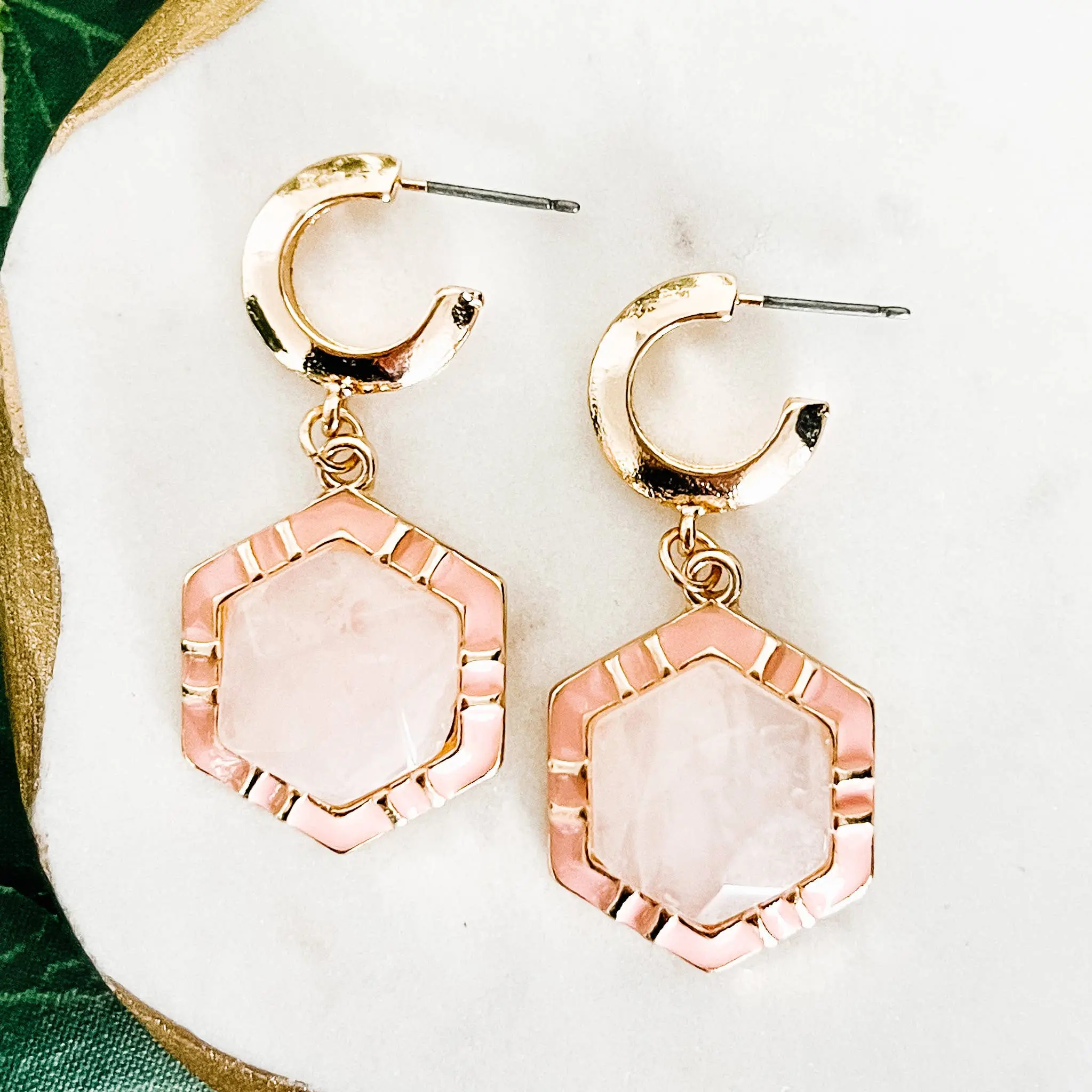 Hexagon Stone Dangle Earrings -Rose Quartz