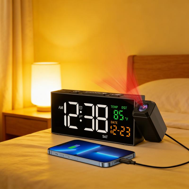 Projection Clock for Bedroom Ceiling, Alarm Clocks with 180° Rotatable Projector, Date Temperature and Weekday, Manual DST, 5 Brightness Levels, 10 Ringtones, 4 Volume Levels and Snooze (Black)