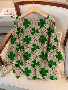 Women's Four-Leaf Clover Leaf Print Plant Long Sleeve Knit Top, V Neck Casual Elegant Vacation Style Sweater, Loose Batwing Shoulders, Spring Summer Fall, Knitwear, Womenswear Vneck