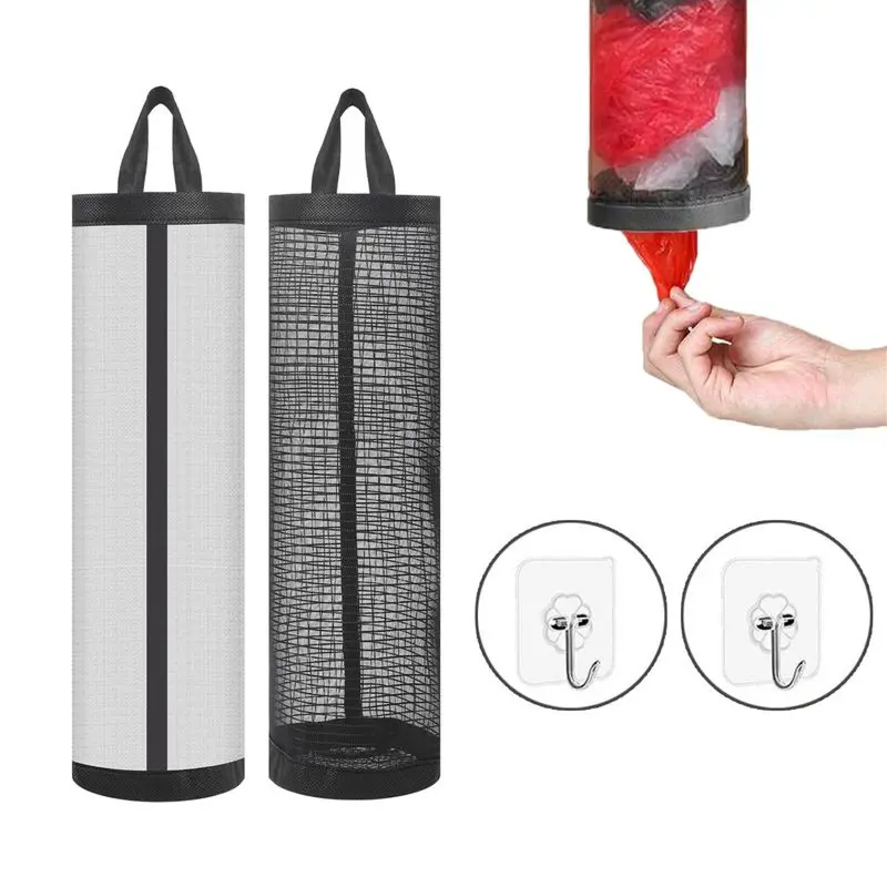 Plastic Bag Storage Mesh Bag Kit with Breathable Mesh Fabric, 2 Self-Adhesive Hooks - Wall-Mount Collapsible Garbage Can Organizer for Kitchen Trash Can, Home Supplies (2counts Included)