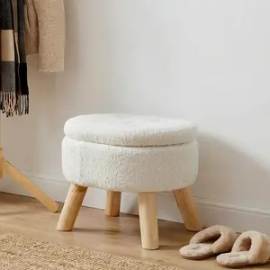 Small Ottoman with Storage, Modern Ellipse Footstool with Soft Padded Seat, Teddy Velvet Footrest with Wood Legs, White Storage Ottoman for Couch, Living Room and Bedroom