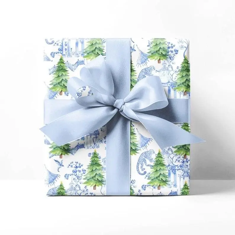 Christmas Chinoiserie Gift Wrap, Blue And White Preppy Grand Millennial Wrapping Paper