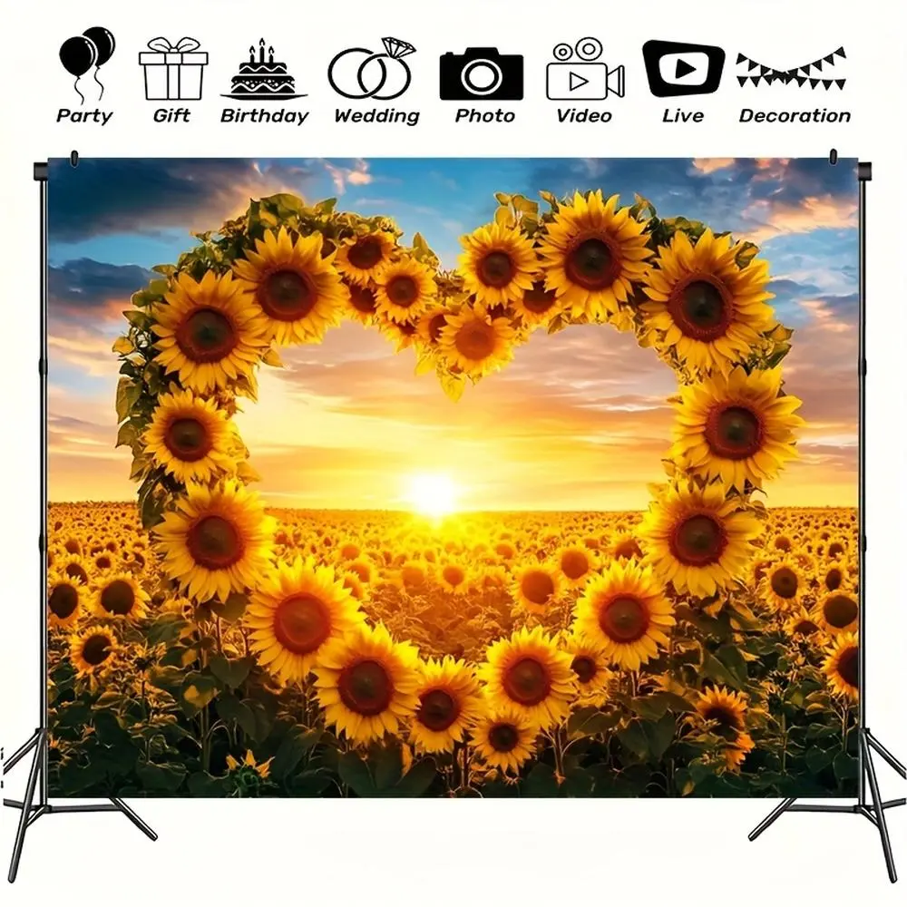 2D Flat Printing Romantic Sunflower & Heart Wedding Decorative Floral Photography Backdrop - Large-Size Photographic Cloth for Indoor-Outdoor Party Banners, Holiday Decoration