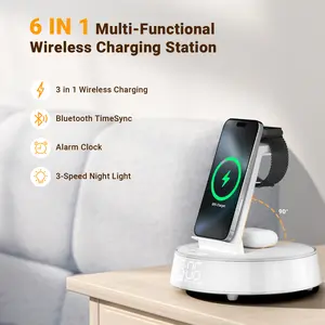6-in-1 Fast Wireless Charger Trio w/ Wireless Induction Bluetooth Speaker Stand, MagSafe Dock for iPhone 12-15, Apple Watch, AirPods & Samsung. Foldable Station w/ 3-Level Night Light & Alarm Clock. Portable for Bedroom/Office/Travel.