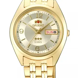 Orient TriStar Mens Classical Automatic Sunray Gold Watch with Elegant Design and Gold-Tone Bracelet