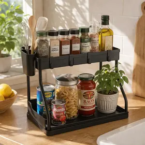 Double Layer Under Sink Storage Organizer, Adjustable Height Cabinet Shelf with Drainage Channels, Durable PP Plastic and Thickened Stainless Steel Frame, Space Saving Kitchen Bathroom Organizer for Cleaning Supplies, Detergent and Toiletries