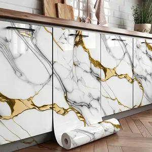 Gold Marble Peel and Stick Contact Paper, Removable Waterproof Oilproof Heat Resistant Wallpaper for Kitchen Countertop Cabinets Backsplash, Glossy Self-Adhesive Vinyl Film for Furniture Renovation 40×500cm 15.8×196.85in