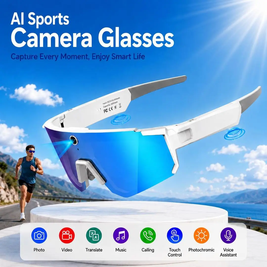 Portable Wearable AI Smart Glasses - 8MP Digital Camera, 6-Axis EIS Anti-Shake, Bluetooth-Enabled Sports Video Recording Eyewear for Cycling, Skiing, Unisex