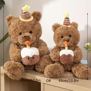 Happy Birthday Teddy Bear Plush with Cake - Soft Stuffed Bear Doll, Polyester Fiber, Gift for Toddlers 0-3 Years - Indoor Sofa Decorative Toy