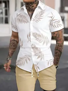 Men's Summer Casual Beach Set, Comfortable Fabric, Full Print Short Sleeve Shirt + Drawstring Shorts 2 Piece Set, Outdoor Travel Beach Daily Wear