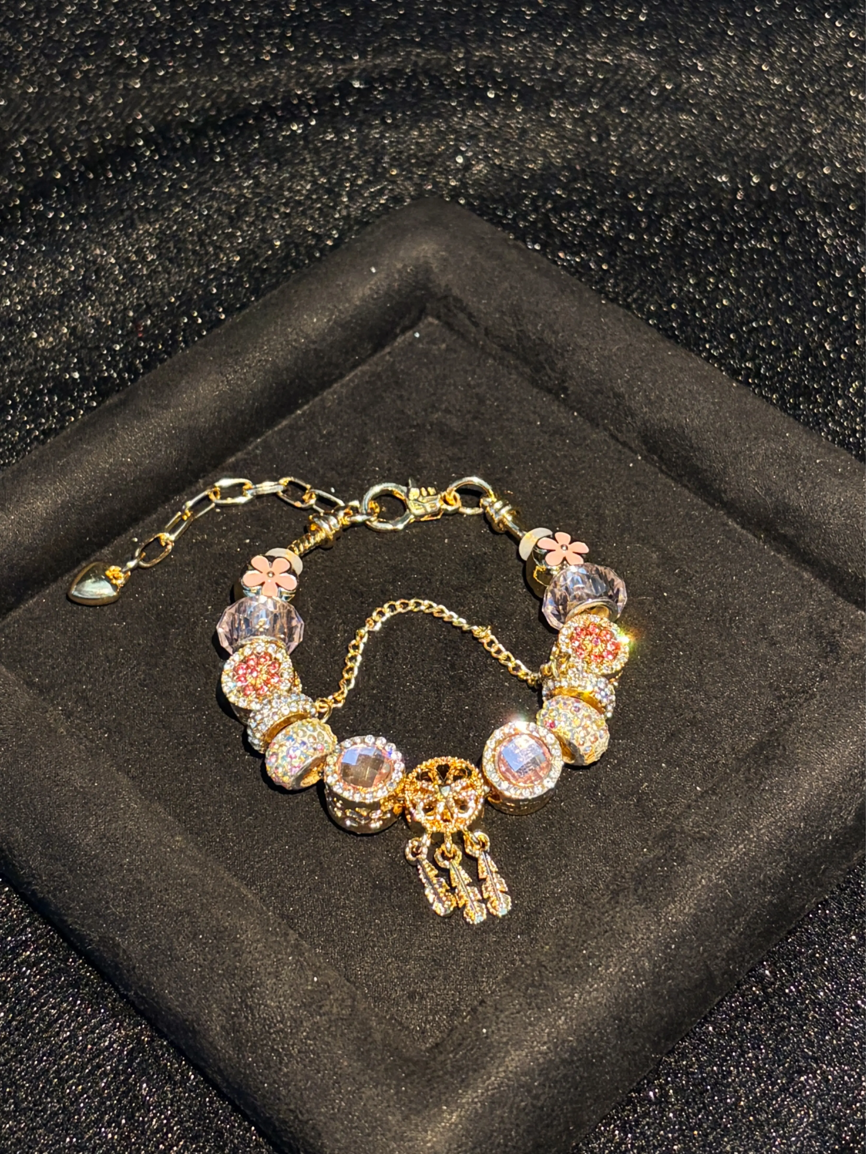 Women's Gold-Tone Feather Tassel Charm Bead Bracelet with Pink Flower Enamel & Crystal Rhinestone Beads, Stackable Costume Jewelry Gift