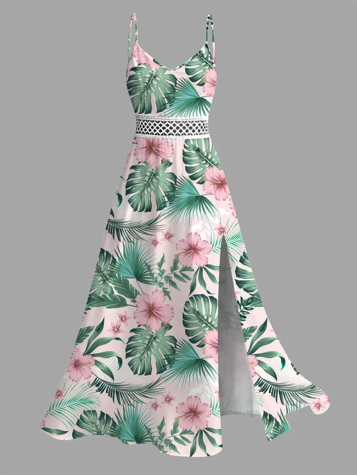 DRESSLILY 2026 Vacation Couple Outfit Women's Hibiscus Flower Leaf Print Slit Dress Geometric Lace Panel Hollow Out Long Dress and Button Up Shirt Casual Matching Set Top Strap