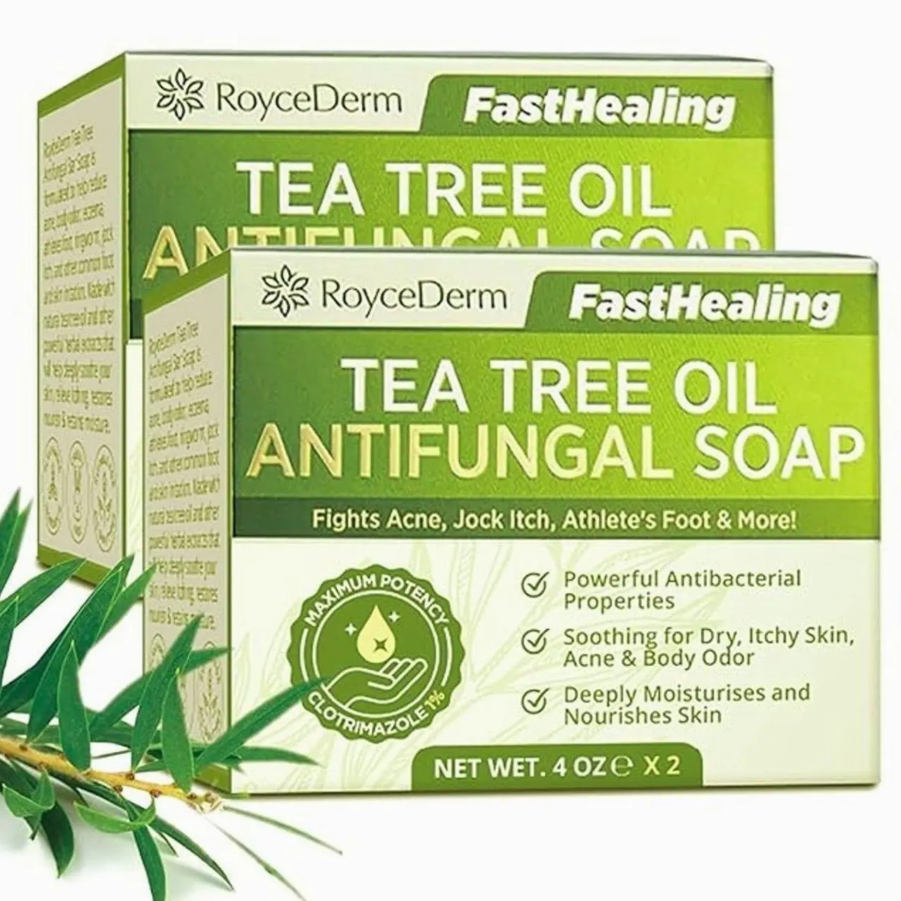 Roycederm Antifungal Antibacterial Tea Tree Soap: for Face & Body Acne, Athlete's Foot, Tinea, Folliculitis Ringworm Jock Itch - Pack of 2