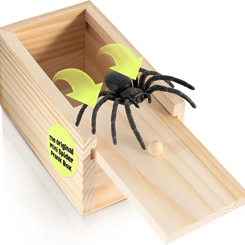 Mini Spider Prank Box - Surprise Wooden Gag Gift, Perfect for Birthday, Halloween & Birthday Pranks, April Fools Day, Harmless Joke with Rubber Spider, Startling & Reusable Prank Kit