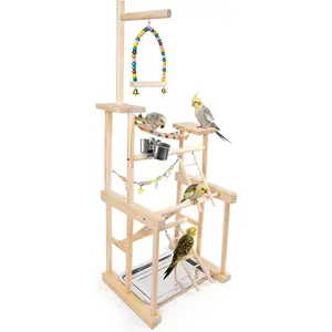 4 Layer Bird Playground Parrot Perch Stand for Parakeet Conure Cockatiel Lovebird Budgie, with Feeder Cups, Ladder, Chain Toy, Swing and Detachable Tray