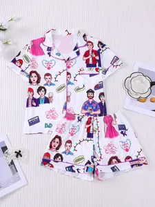 2pcs 80s Nostalgic Character Print Pajama Set - Retro TV-Themed Short-Sleeve & Pants Sleepwear with Button Collar & Elastic Waist - Ideal for Adult Loungewear & Sleep Fans