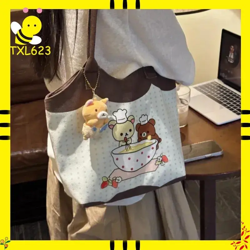 Rilakkuma Large Capacity Canvas Shoulder Bag Cute Cartoon Tote for Commuting Casual Student Use Japanese Style Gifts