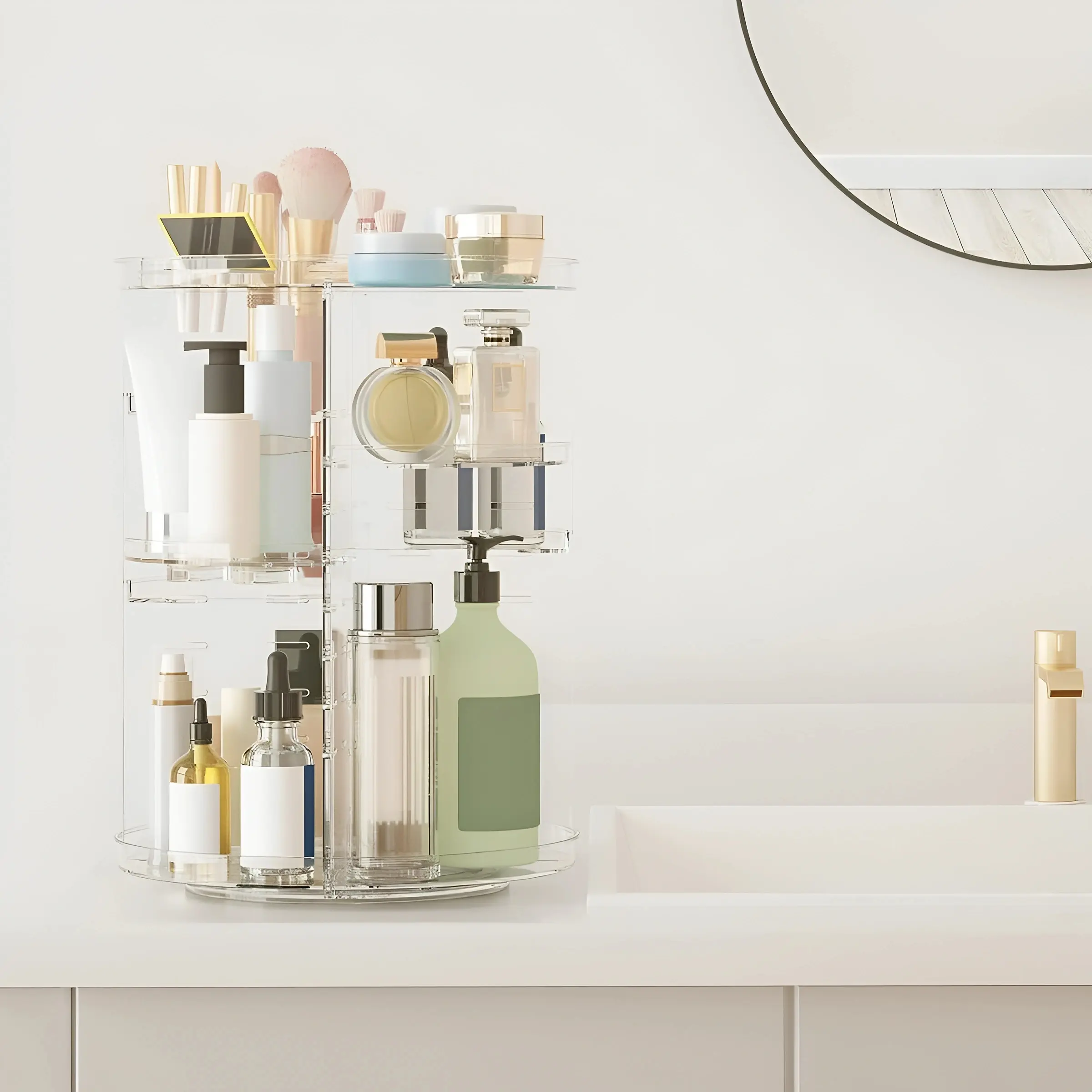 UpgradeHome Acrylic Luxury Multi-Tier 360° Rotating Makeup Organizer - Freestanding Glam Beauty Storage Rack with Spinning Base for Skincare, Perfume, Bathroom Essentials