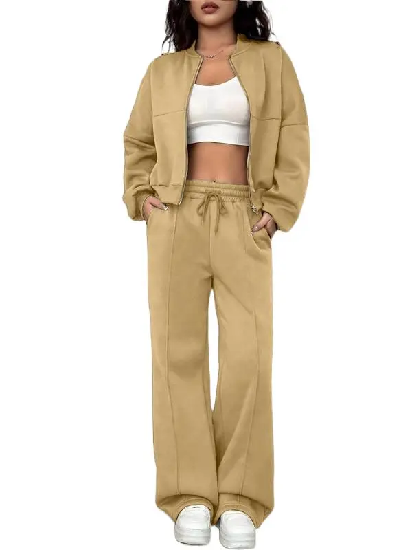 Women's Solid Zip Up Crop Jacket Drawstring Waist Pants Two-piece Set Casual Fashion Drop Shoulder Long Sleeve Top High Waist Trousers Womenswear Suits for Spring Fall 90s Clothes