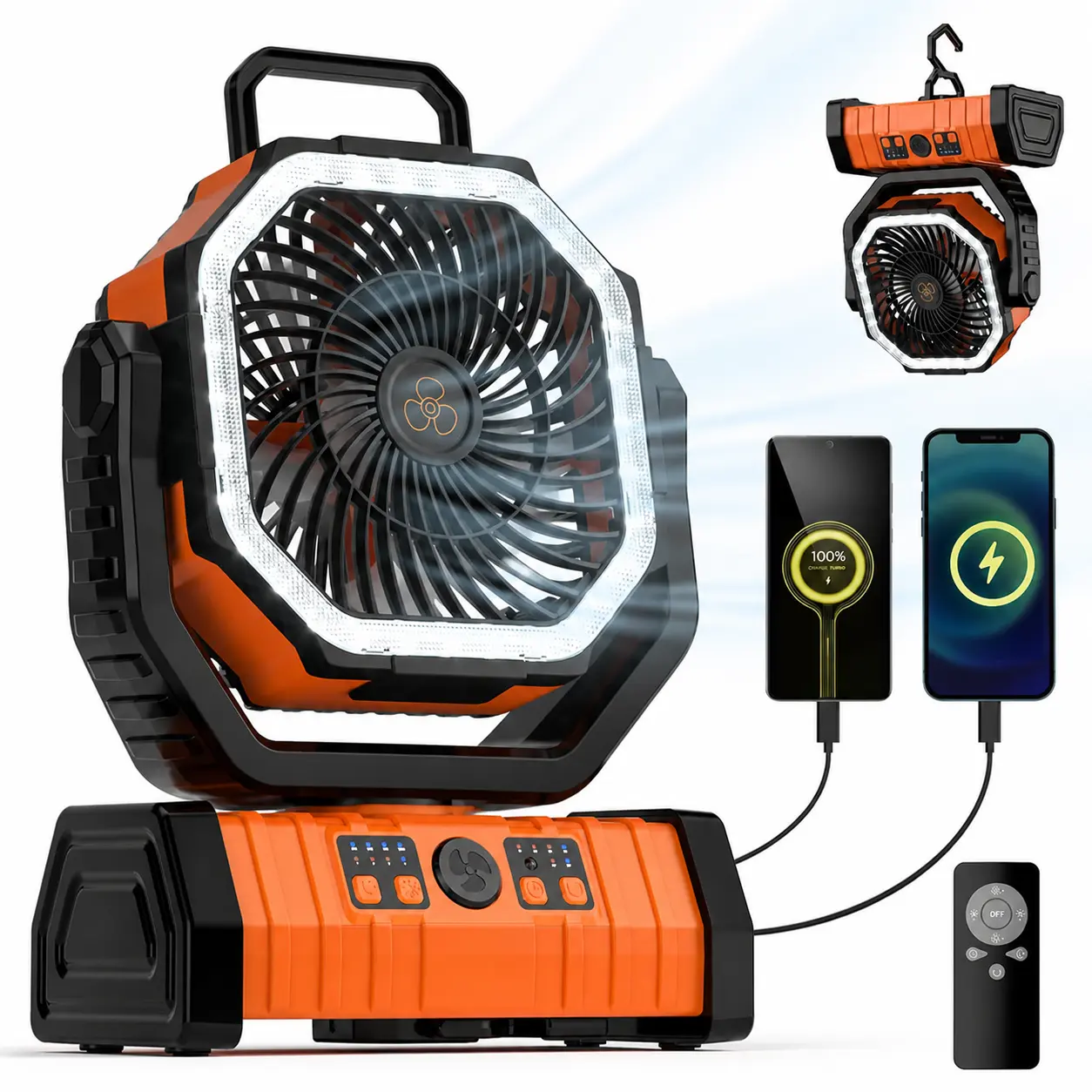 Portable Camping Fan - 20000mAh Rechargeable Battery-Powered Fan with LED Lantern, 4-Speed Wind, Hanging Hook, Remote Control, Black (for Outdoor Tent Use)