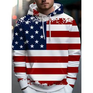Patriotic 3D American Flag Print Men's Hoodie - Everyday Pullover Casual Polyester with Kangaroo Pocket, Machine Washable, Comfort Fit