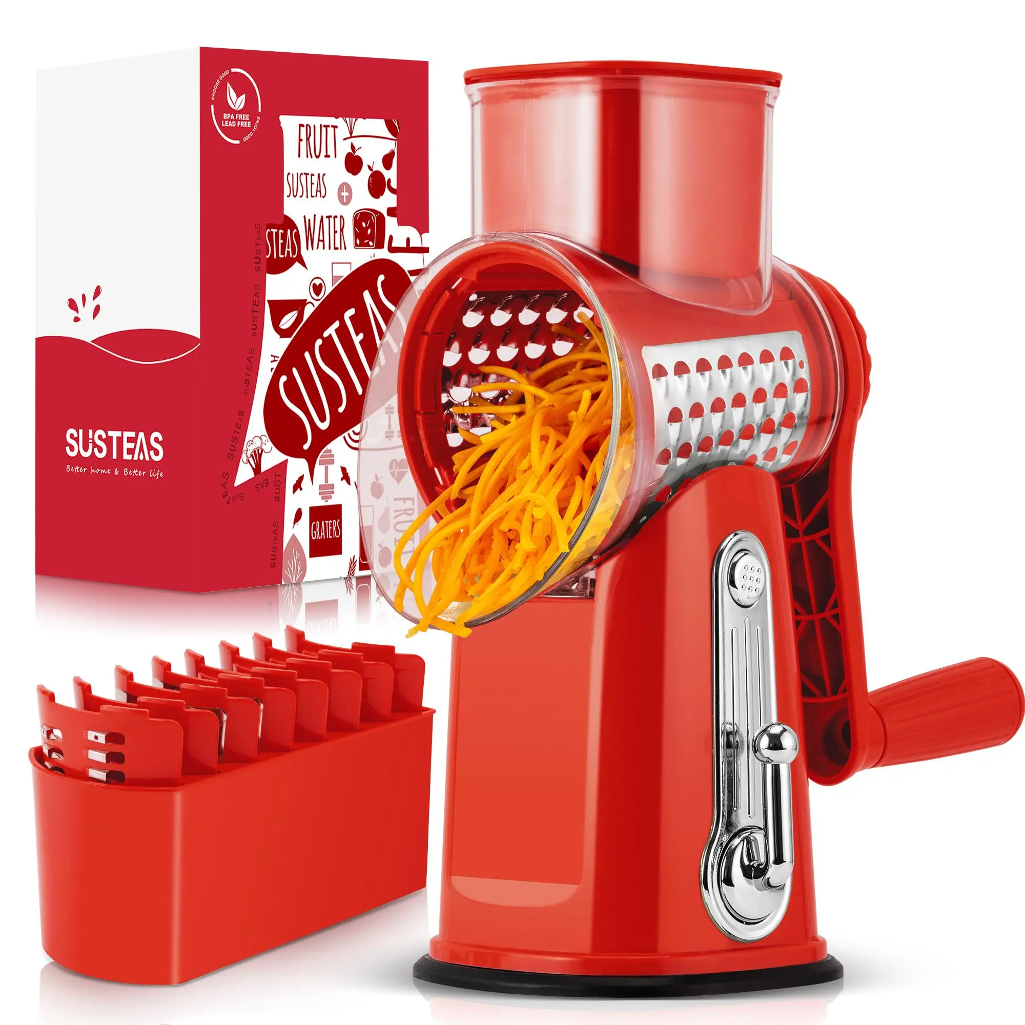 SUSTEAS 5-in-1 Manual Rotary Cheese Grater - Durable Vegetable Slicer, Vegetable Dicer, Kitchen Utensil with Secure Suction Base, Hand Guard, Dishwasher Safe (Retro Green)