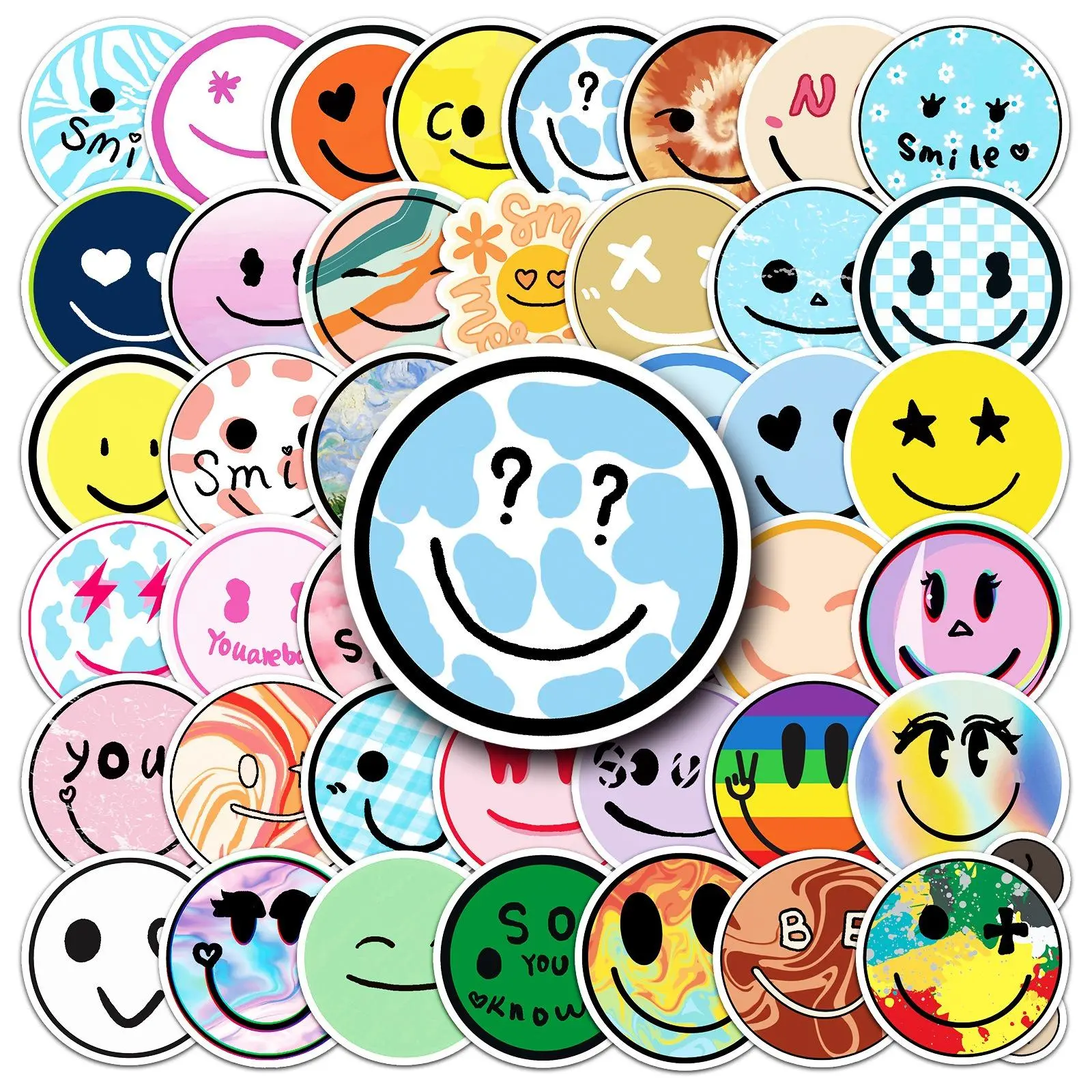 Cartoon Smile Face Series Sticker, 50pcs Waterproof Sticker Pack for Wall Water Bottle Skateboard Helmet Car Bike Luggage Laptop Waterproof Decals, Universal Car Sticker