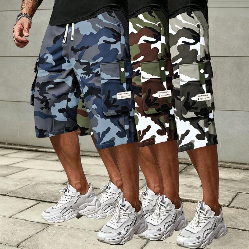 Men's Fitted Camo Cargo Sports Shorts - Recycled Polyester, Elastic Waistband with Drawstring Tie, Utility Pockets, Lightweight Breathable, Fashion Casual Normal Type Athleisure Streetwear for Sports, Cold Wash Compatible