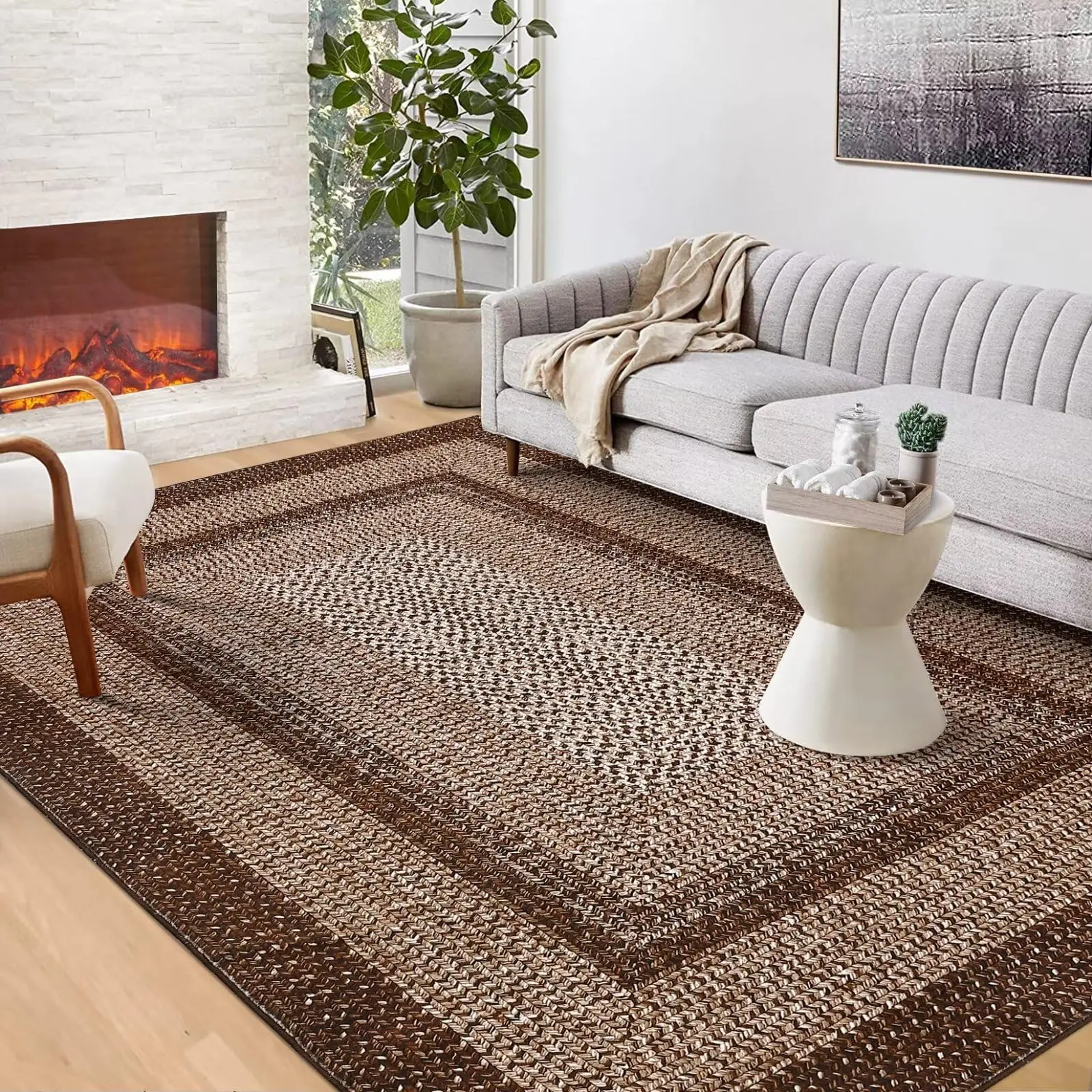 Brown 6x9 Braided Area Rug with Non-Slip Backing, Modern Accent Carpet for Bedroom, Living Room, Dining Room & Hallway, Foldable Low Pile Throw Rug