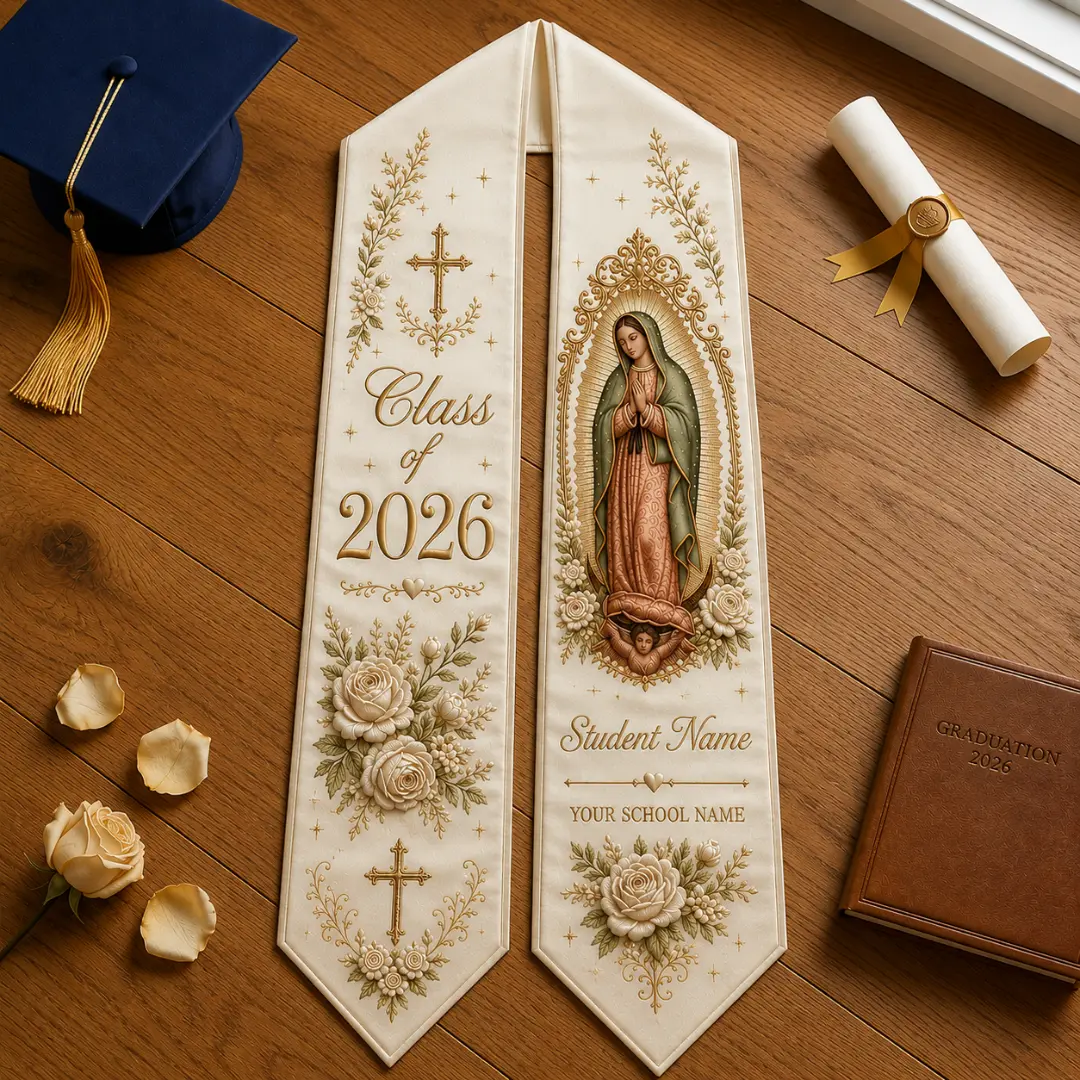 Personalized Virgen de Guadalupe Graduation Stole - Catholic Floral Print Scarf/Shawl Sash, 3 End Styles, 5x78in Lustrous Sheen, Edge-to-Edge Flat/Angle Graphic, Custom Class of 2026 Latina Gift, Dye, Machine Washable, All Seasons Consistent Fit, Scarves,