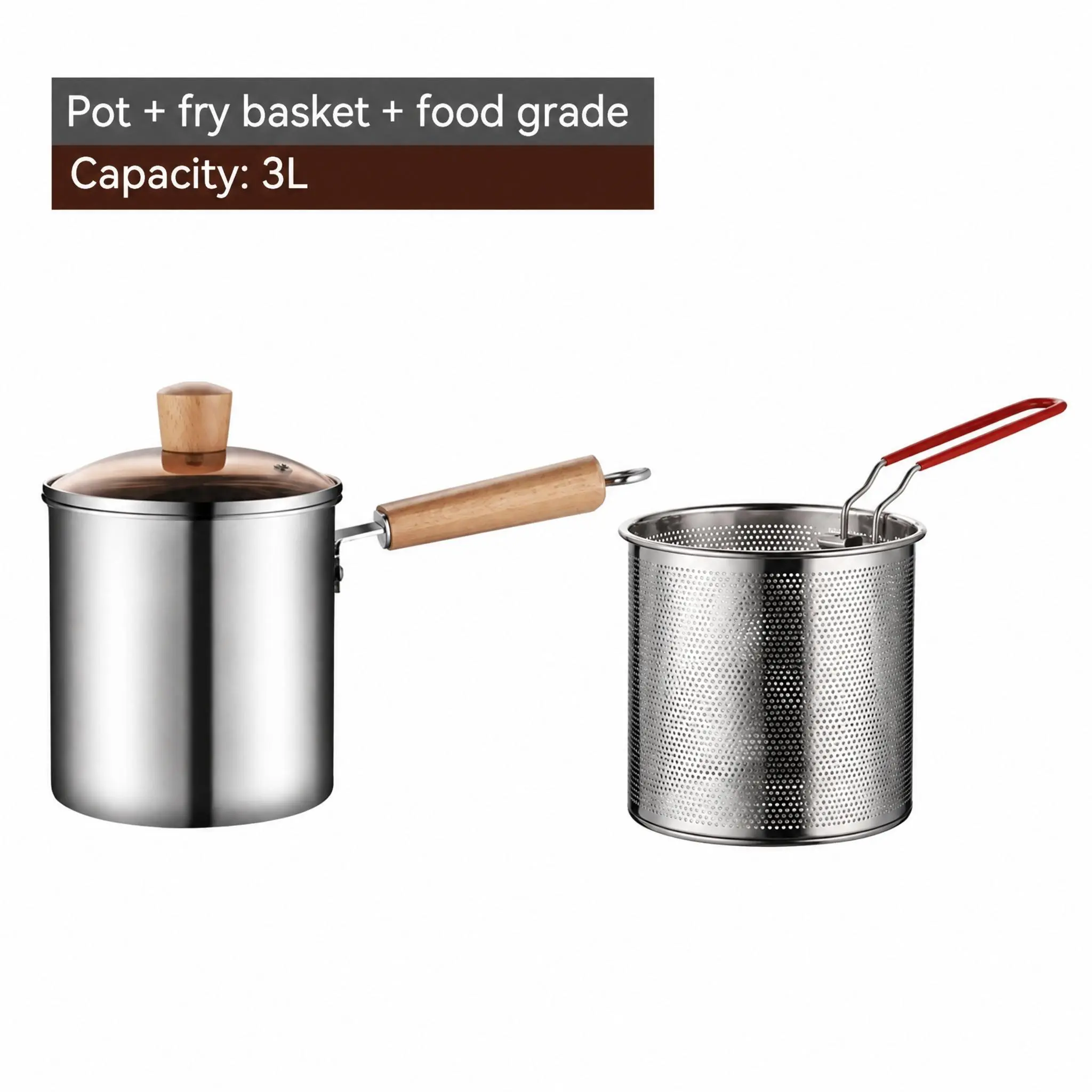 【Home Essentials】Sturdy Portable Stainless Steel Home Deep Fryer Pot - Food Grade, Heat-Resistant, Heatproof Home Style Cooking Pot with Mesh Basket, Wooden Handle, Glass Cover for Frying, Boiling